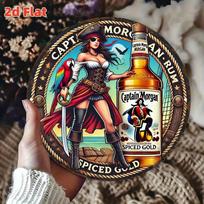 Pirate Rum Tin Sign Durable Aluminum Tin Sign  D Flat Caribbean Rum Advertising Pirate Culture Round Decorative Plaque 20x20cm(8x8inch)