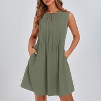 Women's Flowing Pleated Lace-Up Pocket Sleeveless A-Line Dress L armijos žalia spalva