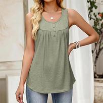 Women's Fashionable Plain Color, Round Neck, Button-Decorated Sleeveless Vest Top, Suitable For Both Inner And Outer Wear. L žalsvai mėlyna