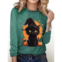 Women's Halloween Long Sleeve T-Shirt Vintage Elegant Casual Crew Neck, Machine Washable Fall Winter Top S