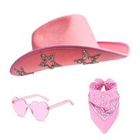 Black Water Drilled Star Cowboy Hat Set With Sunglasses Scarf For Christmas And New Year Parties rožinė