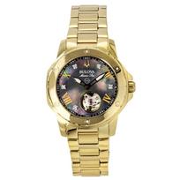 Bulova Marine Star Gold Tone Stainless Steel Black Mother Of Pearl Dial Automatic 97P171 100M Women's Watch perlamutro spalvos