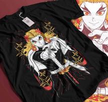 100% cotton TOPS UNISEX TEES MENS WOMENS Kyojuro Rengoku T-Shirt Kimetsu no Yaiba Anime Demon Slayer Black Shirt 521 2XL juoda