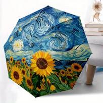A Van Gogh Starry Night & Sunflower Automatic Open/Close Umbrella - Featuring an 8-Rib Durable Frame, Compact Folding Design, Iron&8K
