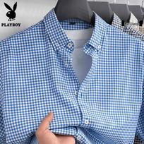 Playboy Men's Pure Cotton Small Plaid Short Sleeve Shirt 4XL gray