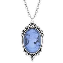 Vintage Look Oval Lady Queen Cameo Pendant Necklace For Women Antique Silver Plated Victoria Pink Grey Red Bead Fashion Jewelry 70cm