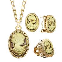 6 Colors Lady Queen Cameo Necklace Earring Ring Sets For Women Gold Color Pink Blue Gray Fashion Flower Cameo Jewelry Set 11