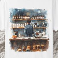 Watercolor Barista Art T-Shirt, Cozy Coffee Shop Tee 2XL