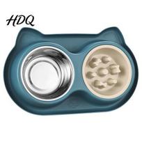 Anti-choke Pet Bowl Double Bowls Feeder Slow Feeder And Stainless Steel Bowl mėlyna
