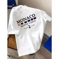 Europos dydžio vyriški marškinėliai su Monaco jachtų klubo grafika - Tamsiai mėlynos spalvos laisvalaikio vasaros marškinėliai su raudonomis ir baltomis juostelėmis, mikrotempiamas megztas audinys, įprastas kirpimas S balta