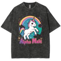 Rainbow Pony Print Women's T-Shirt Washed Denim Comfortable Oversized Short Sleeve Cute Casual Youth Beautiful Teen Top S