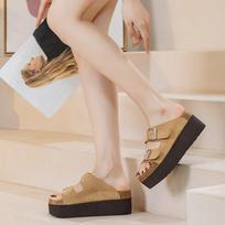 Fashion High quality 7cm Cow Suede Patent Summer Women Sandals Ladies Slipper Platform Wedge Mujer Comfy Fashion Fashon Peep Toe Shoes 39 chaki