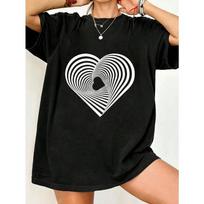 Per dydžio T-shirt Juoda Širdis Optinė Iliuzija Spausdinimas Laisvalaikio Drabužiai Moterims Vasaros Mados Pareiškimas Viršus Gatvės Stilius Madingas Rinkinys S juoda