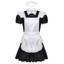 Vyriški sissy prancūzų tarnaitės aprangos cosplay kostiumai pūstomis rankovėmis užsegami sagomis išgalvoti drabužiai su prijuoste ir galvos juosta XL juoda