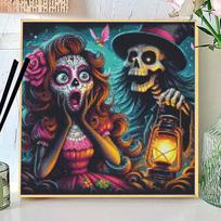 Mexican Catrina Sugar Skull Diamond Painting Set 5D Full Round Drill Skeleton Man Butterfly Rose Crystal Wall Craft Round 20x20cm