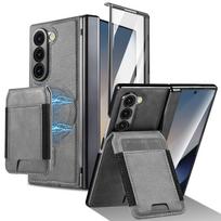 case for Samsung Z Fold 7 6 5 4 3 magnetic card holder hinge case full coverage protective leather case Galaxy Z Fold7 pilka