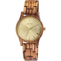 Montre - RAPTOR - Malte - Boîtier bois zébrano - Bracelet maillons bois marron - Cadran doré 41 mm ruda
