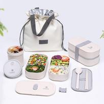CAMUZ Bamboo Fiber Lunch Box, Japanese-Style Double-Layer Bento Box, Microwave-Safe, Sealed Lunch Box for Office Workers, White Set