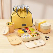 CAMUZ Bamboo Fiber Lunch Box, Japanese-Style Double-Layer Bento Box, Microwave-Safe, Sealed for Office Workers, Yellow Set