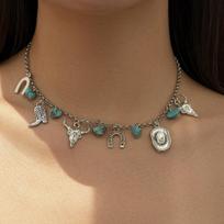 SHIXIN Ethnic Cowboy Hat Bull Head Pendant Necklace for Women Vintage Green Natural Stone Choker Short Necklace Summer Jewelry