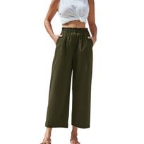 Women's High-waisted Ruffled Elastic Waist Cotton And Linen Cropped Casual Pants L armijos žalia spalva