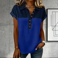 Denim Patchwork Shirts For Women Stand Collar Casual Blouse Short Sleeve Comfy Tshirt Spring Summer Fashion L mėlyna