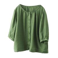 Women's Retro 3/4 Sleeve Versatile Single Breasted Linen Cotton Blouse Casual Loose Top L armijos žalia spalva