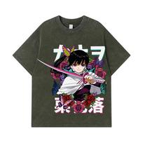 275 GSM Washed T-shirts 100% Cotton Demon Slayer V99 Kanao Print Unisex Heavy Cotton T Shirt S armijos žalia spalva
