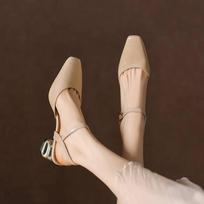 Krazing Pot Sheepskin Square Toe Strange Style High Heels Summer Shoes Big Size 42 Buckle Straps Women Shallow Pumps 34 abrikosas