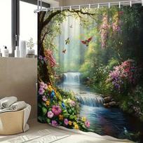 1pc Lush Forest Stream Shower Curtain - Waterfall, Birds & Flowers, 70.8x70.8 , Polyester, 12 Hooks, Washable W90XH180cm