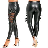 Hollow Out Buckle Bandage PU Odinis pieštukas Kelnės Punk Rock Juodos Seksualios Antblauzdžiai Moteriškos Kelnės Klubiniai kelnės XXL juoda