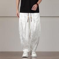 Men's Black Dragon Jacquard Elastic Waist Baggy Harem Casual Pants M balta