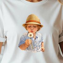 Child Blowing Dandelion T-Shirt, Emotional Graphic Tee, Innocent Art XL