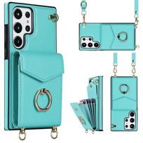 Ring Stand Card Holder Crossbody Case For Samsung Galaxy S21 S23 FE S25 S24 S22 Plus S26 Ultra A57 A37 A55 A53 A16 Leather Cover ForGalaxy S22 žalia