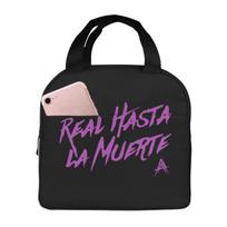 Real Hasta La Muuerte Text Print Portable Lunch Boxes Waterproof Thermal Cooler Food Insulated Lunch Bag Kids School Children juoda