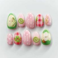 24PCS Summer Fresh Green Almond Press on Nails 3D Lemon Sweet Flowers French Fake Nails for Women Wearable Simple Acrylic Nails gray