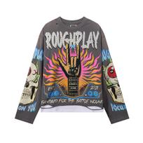 Meichao Grubaus Žaidimo Gatvės Hip Hop Vintažinis Spaudinys Plėšytas Netikras Dvigubas Dugno Vyriškas Ir Moteriškas Laisvas Ilgomis Rankovėmis T-shirt S pilka spalva