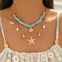 2Pcs Layered Starfish Seashell Choker Necklace Boho Blue Chip Stone Adjustable Summer Beach Jewelry for Women