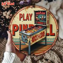 D Flat pc Retro Arcade Pinball Machine Metal Wall Art Sign  cm Round Vintage Pinball Game Design with Classic Arcade 20x20cm(8x8inch)