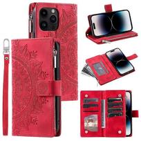 Flip Case for iPhone 14 Pro Mandala Embossed PU Leather Wallet Cover Multi Card Slots Zip Pocket Wrist Strap mėlyna