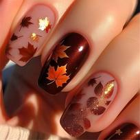 24 Pieces Autumn Maple Leaves Thanksgiving Press On Nail Short Square False Nail Stick on Nail for Elegant Look 1
