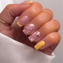 24pcs Glossy French Design Press On Nail for Elegant Look Yellow White Flowers Adorable Bees Short ABS Easy Wear 1