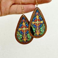 Kaleidoscope Pattern Mosaic Stained Earrings Bright Water Drop Earrings  for Women Style 3