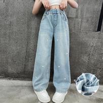 Girls' Tencel Mosquito-Repellent Wide-Leg Jeans - Ultra-Soft, Lightweight, Breathable, Comfortable, Versatile, Loose-Fit Long Pants for Summer 130: Height 120-130cm, Weight 50-60kg