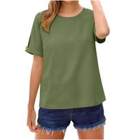 Women Cotton Linen T-Shirt Fashion Front Pleat Short Sleeve Loose  Blouse Top L armijos žalia spalva