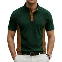 Men's Casual Corduroy Stand Collar Color-Blocked Lightweight Breathable Short-Sleeve Top L armijos žalia spalva
