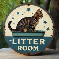 Vintage Cat Litter Room Metal Wall Sign  Humorous Tabby CatinTray with Stars Design  Rustic Retro Home Decoration 20x20cm(8x8inch)