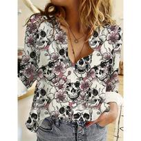 Women's European and American Flower Print Long Sleeve Shirt with Turnover Collar S