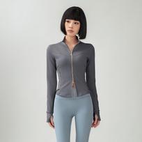Women's Slim Fit Yoga Jacket with Gold Zipper and Stand Collar - Striped Texture, Short Length, Ideal for Outdoor and Fitness Activities. XL
