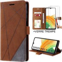 Case for Samsung Galaxy A33 5G + 2 Tempered Glasses - BOOLING - Full Shockproof Leather Effect Brown ruda